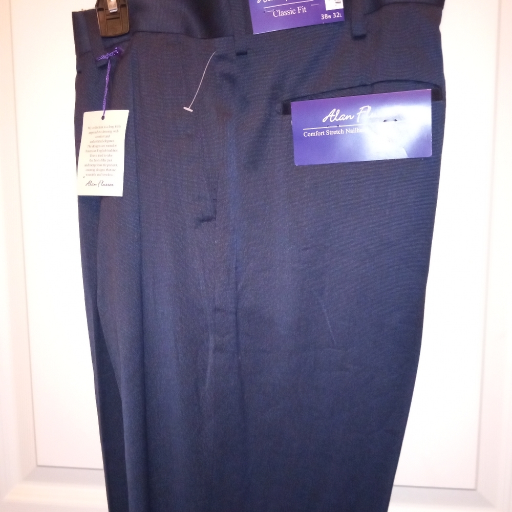 Alan Flusser Classic Fit Comfort Stretch Nailhead Pleated Navy Blue Dress Pants